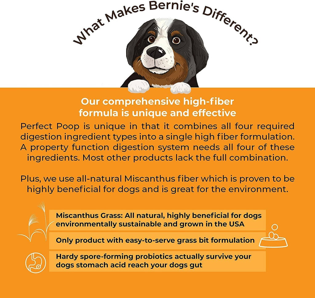 Dog digestion supplement panel explaining a high-fiber formula with miscanthus grass