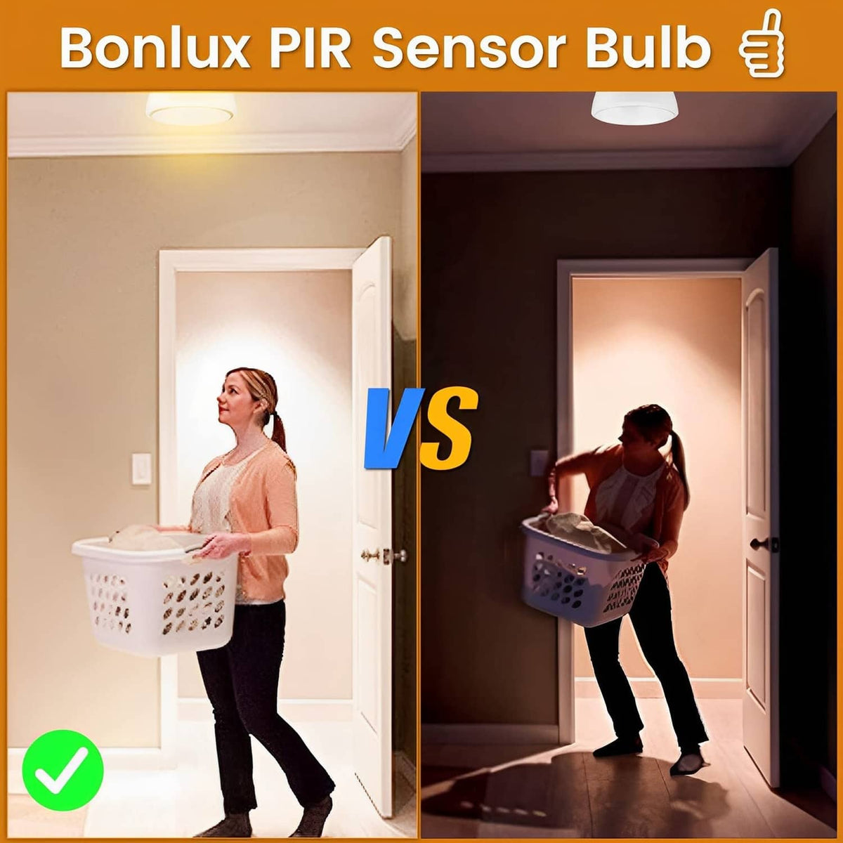 Bonlux PIR sensor LED bulb shown between indoor daylight and night loading scenes