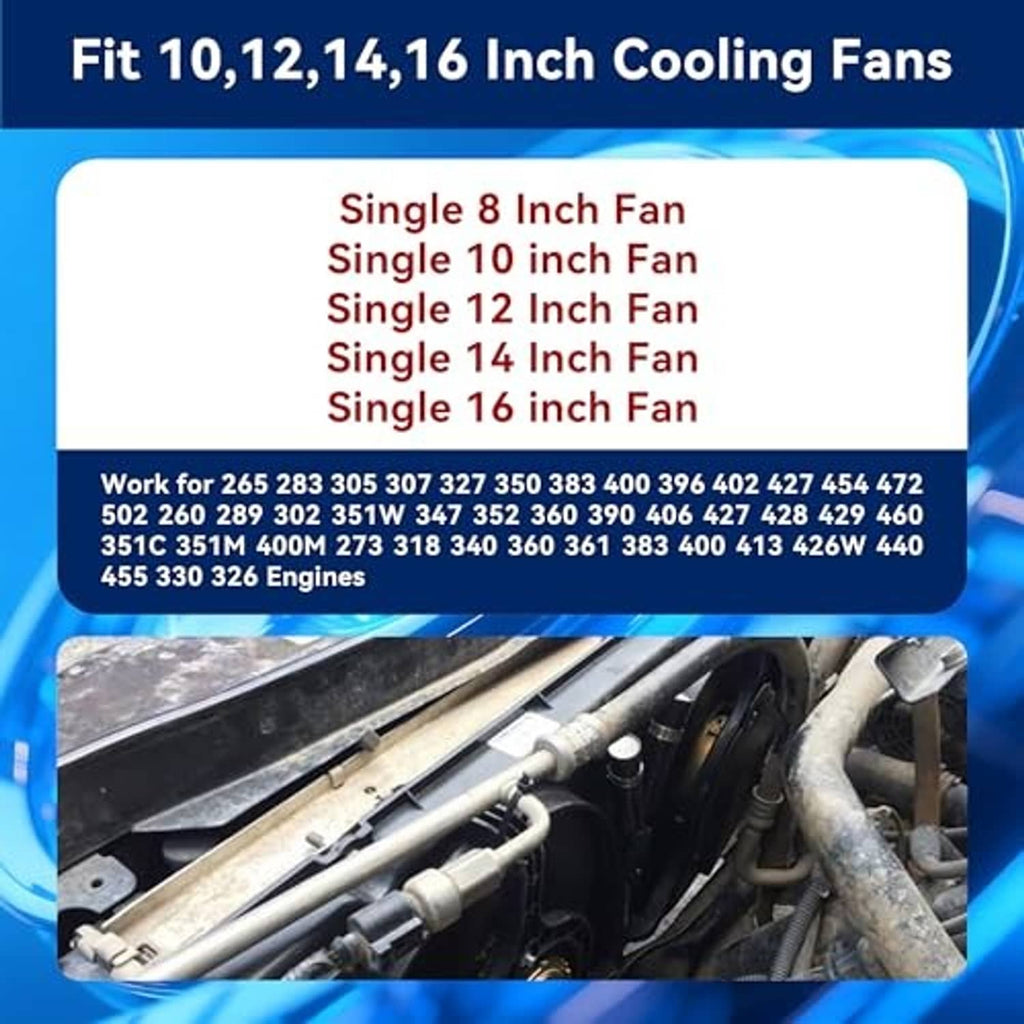 Cooling fan compatibility chart for single 8 to 16 inch cooling fans