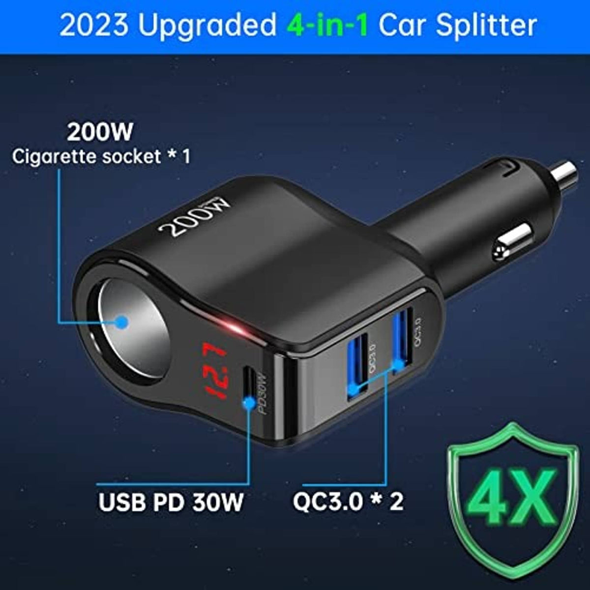 Compact black 4-in-1 car cigarette lighter charger splitter with USB ports and LED screen
