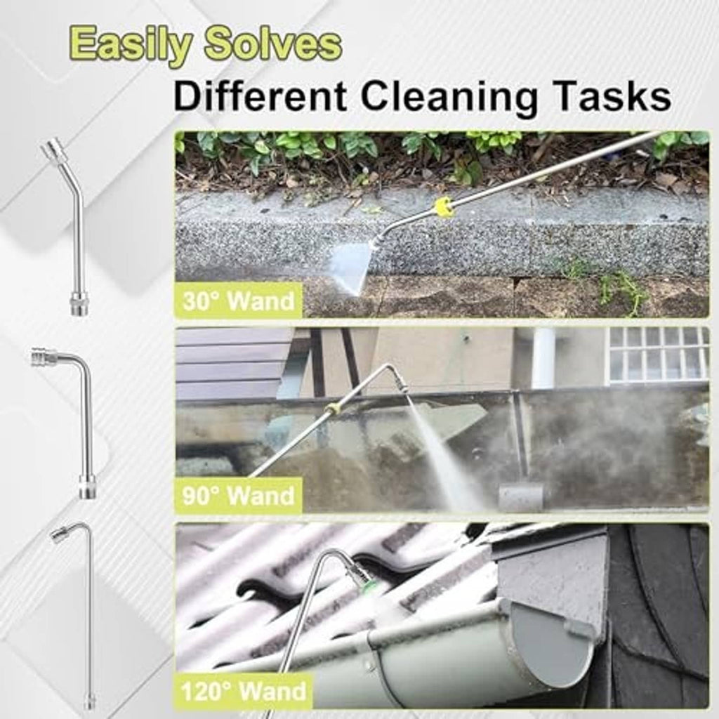 Pressure washer extension wand with angled nozzle tips and quick-connect metal fittings