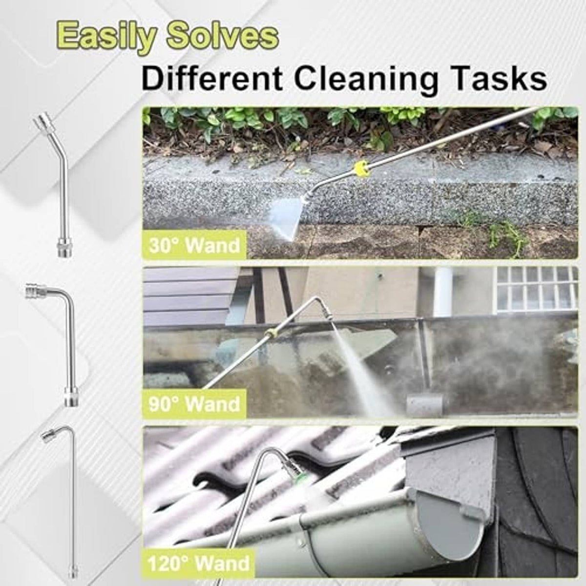 Pressure washer extension wand with angled nozzle tips and quick-connect metal fittings
