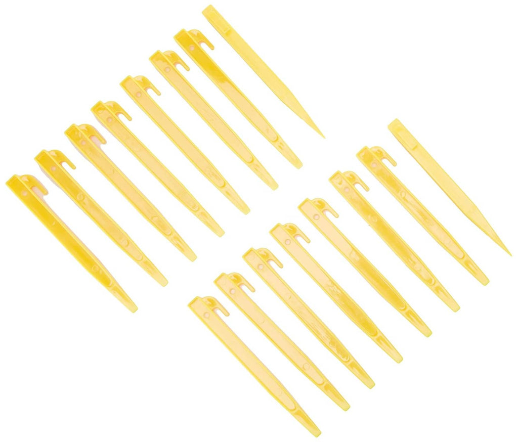 Yellow plastic tent stakes for securing a pop-up play tent
