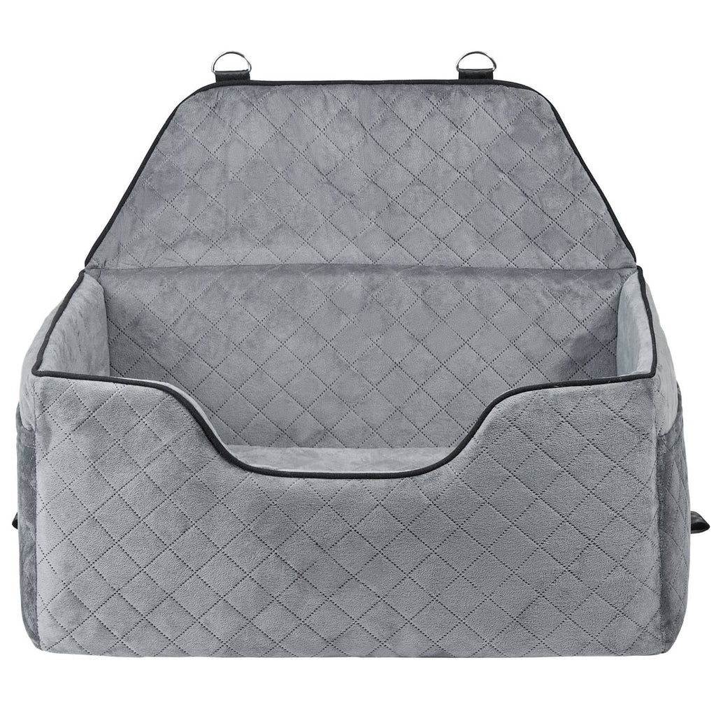Gray quilted pet booster seat with top handles and back panel view