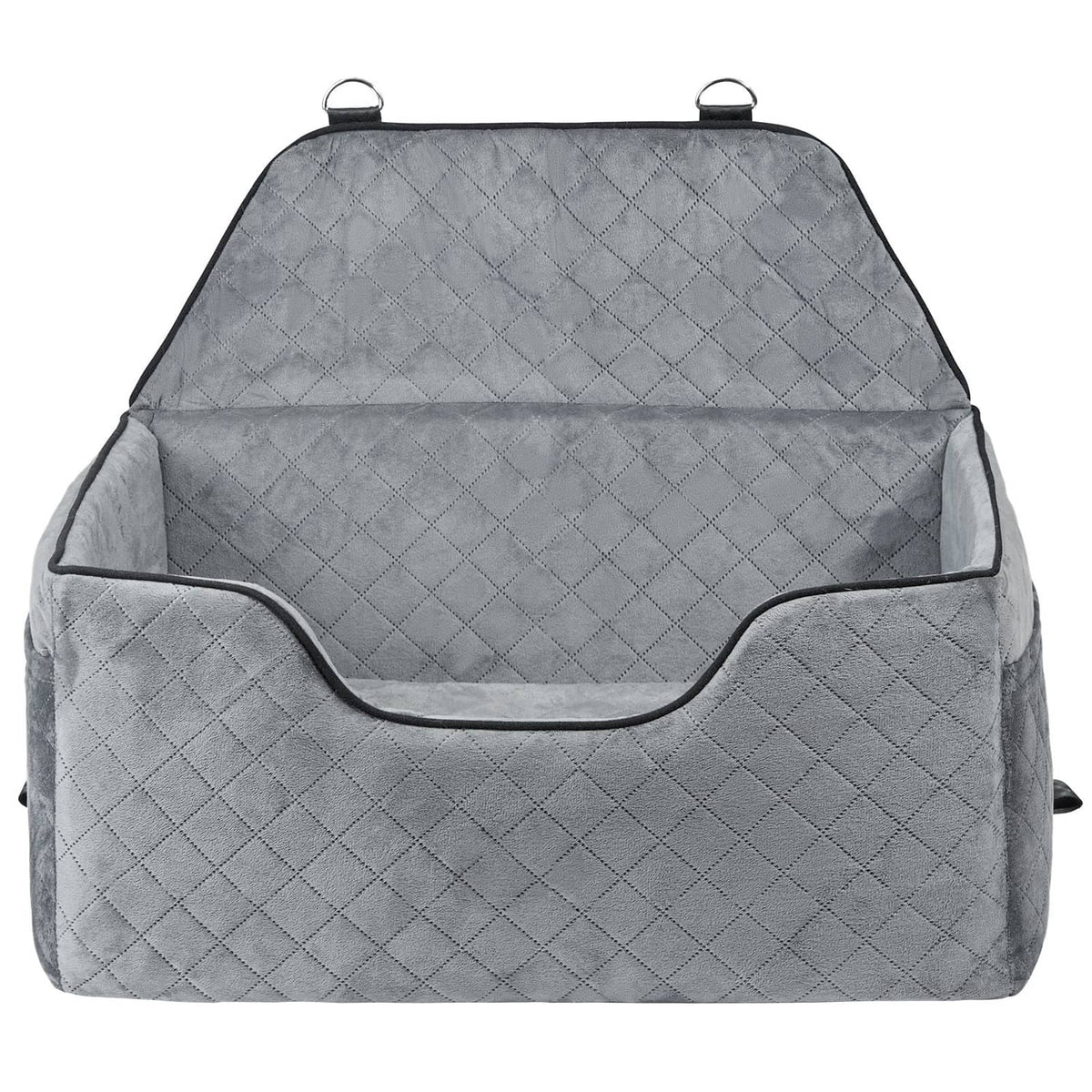 Gray quilted pet booster seat with top handles and back panel view