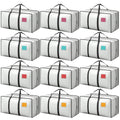 Pack of white moving bags with side zipper, black straps, colored label squares