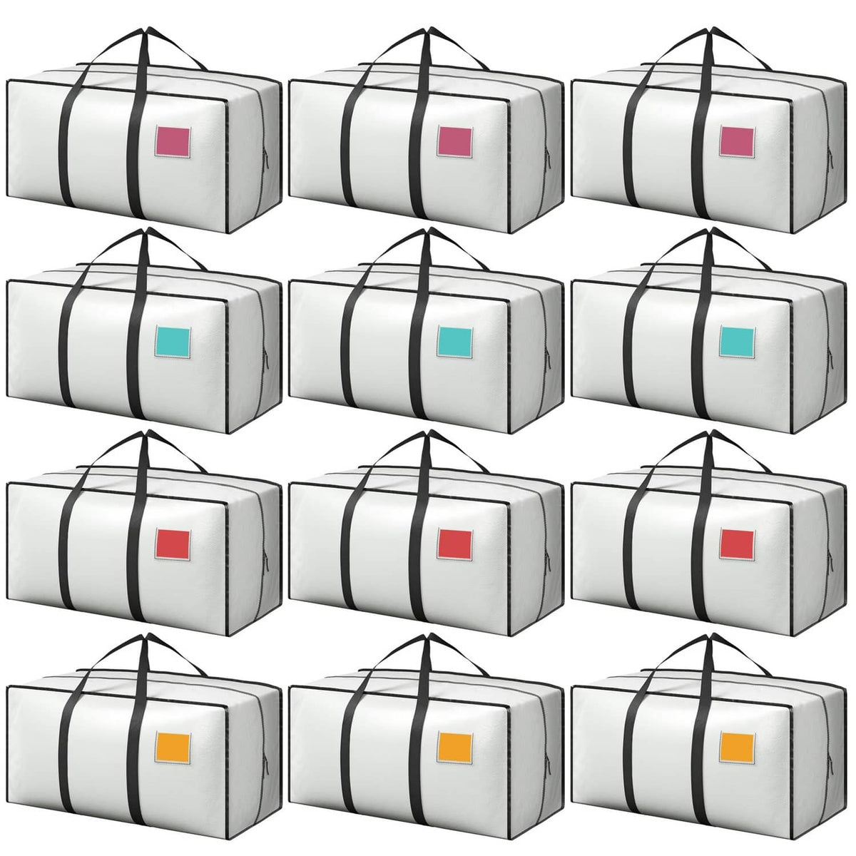Pack of white moving bags with side zipper, black straps, colored label squares