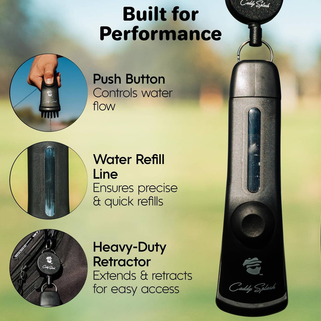 Black golf club brush cleaner with push-button water flow and retraction feature