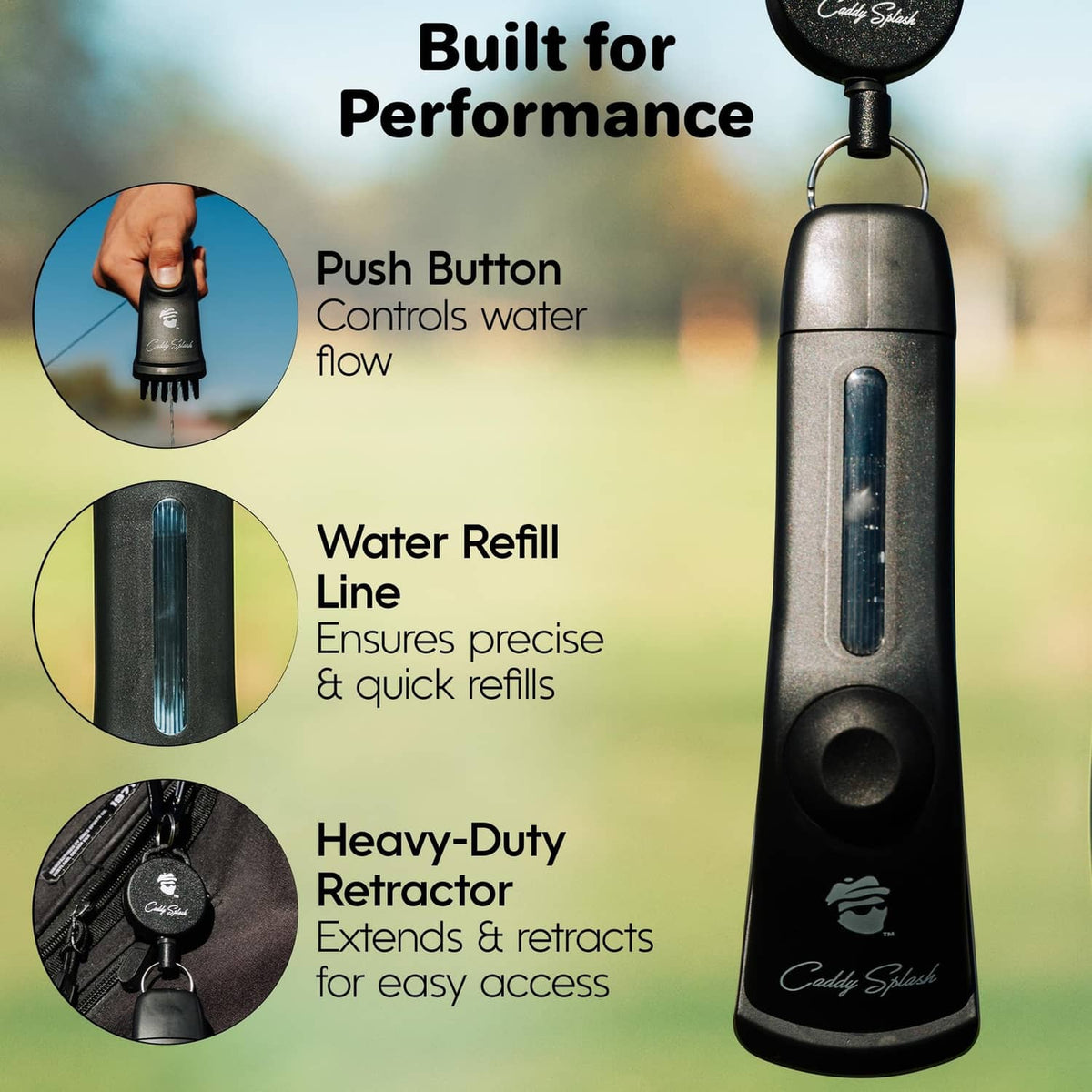 Black golf club brush cleaner with push-button water flow and retraction feature