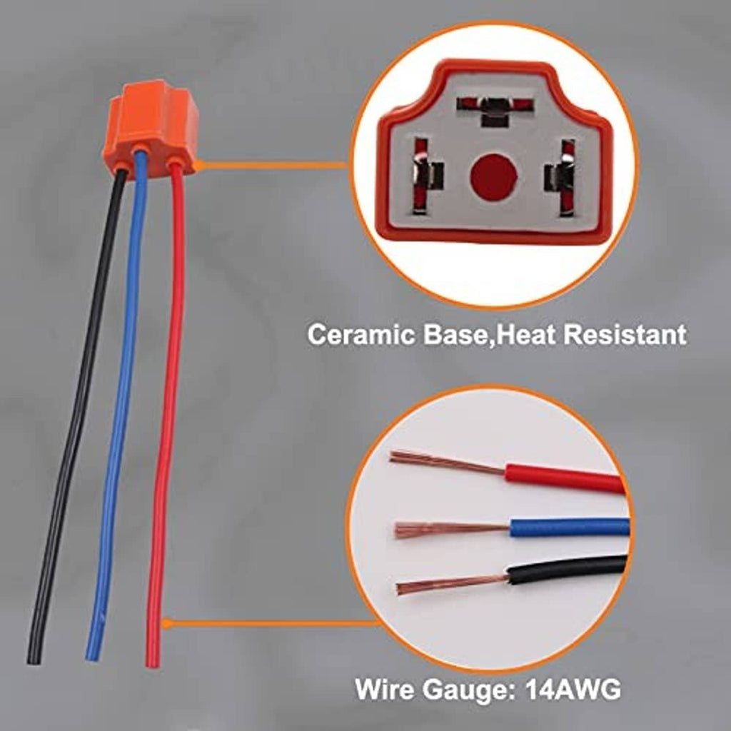 H4 female plug pigtail with ceramic base, orange housing and 14AWG red/blue/black wires