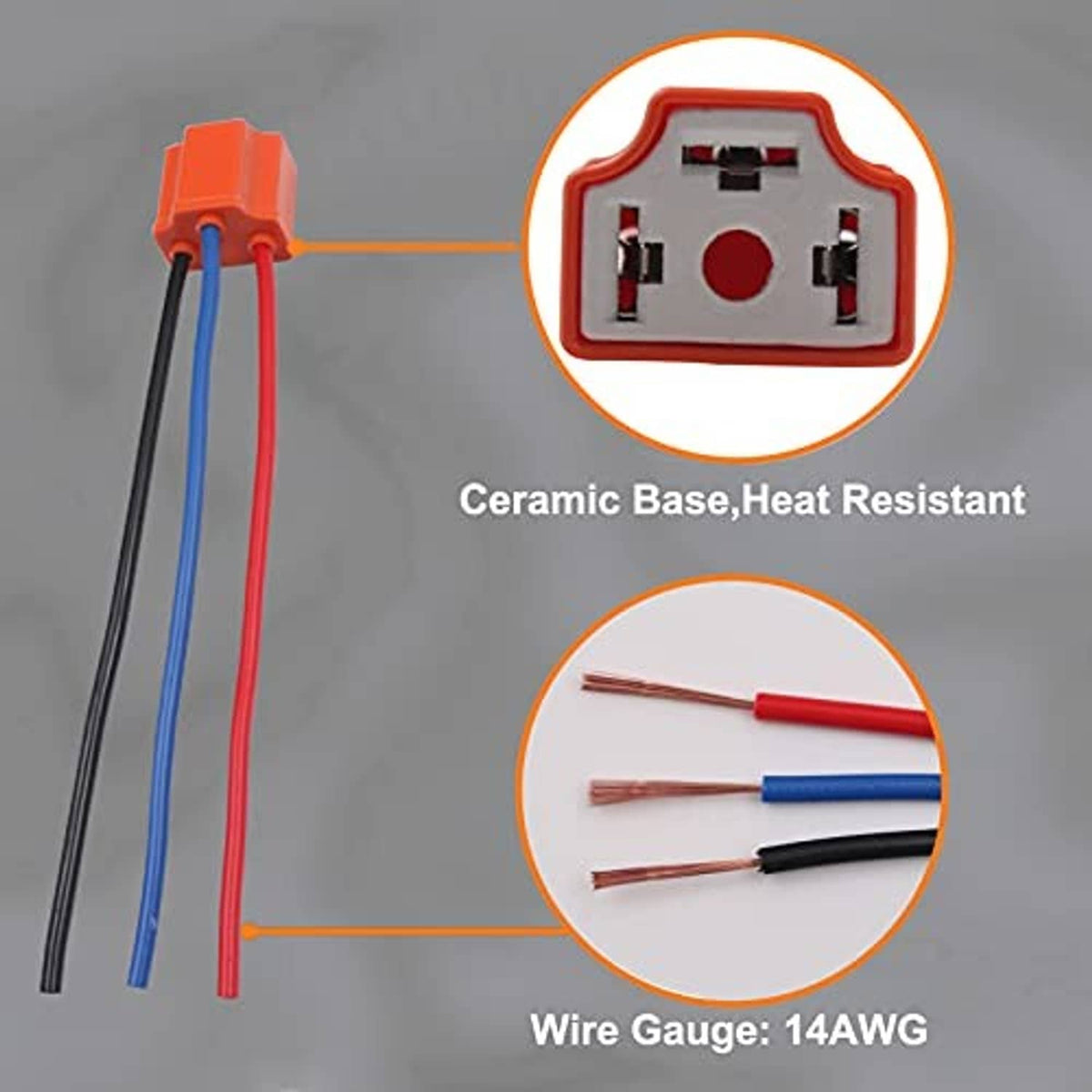 H4 female plug pigtail with ceramic base, orange housing and 14AWG red/blue/black wires