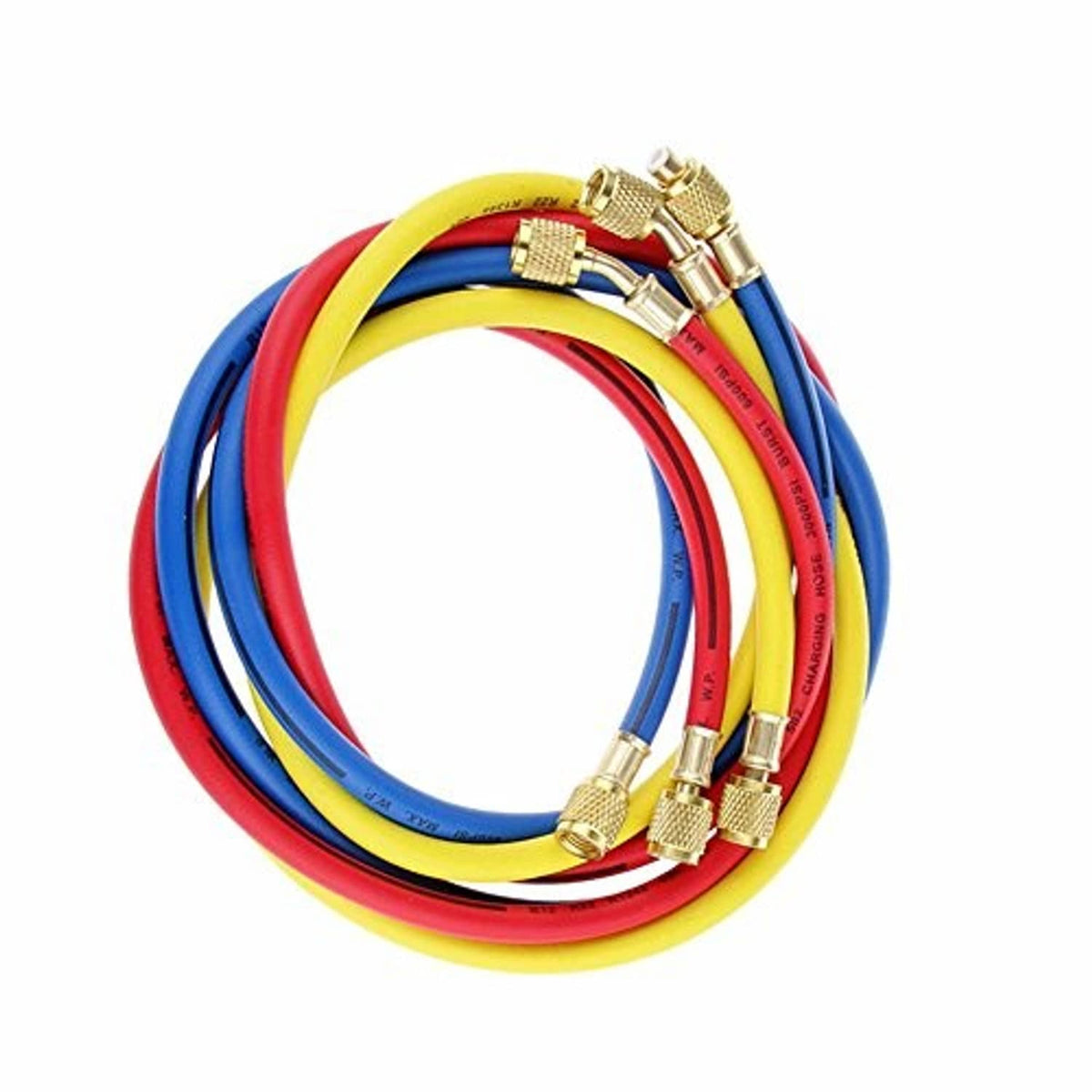 Refrigerant charging hose bundle with multiple brass couplers on red, blue, and yellow hoses