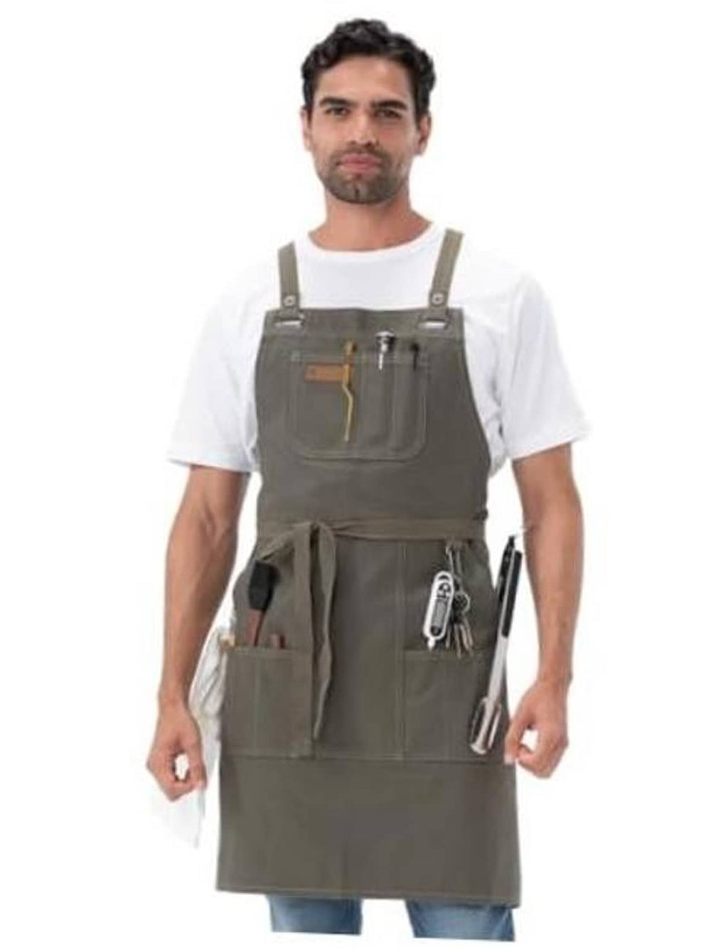 Olive unisex grill apron with front pockets and hanging tool loops