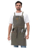 Olive unisex grill apron with front pockets and hanging tool loops