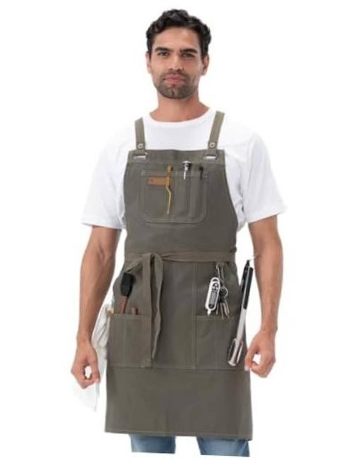 Olive unisex grill apron with front pockets and hanging tool loops