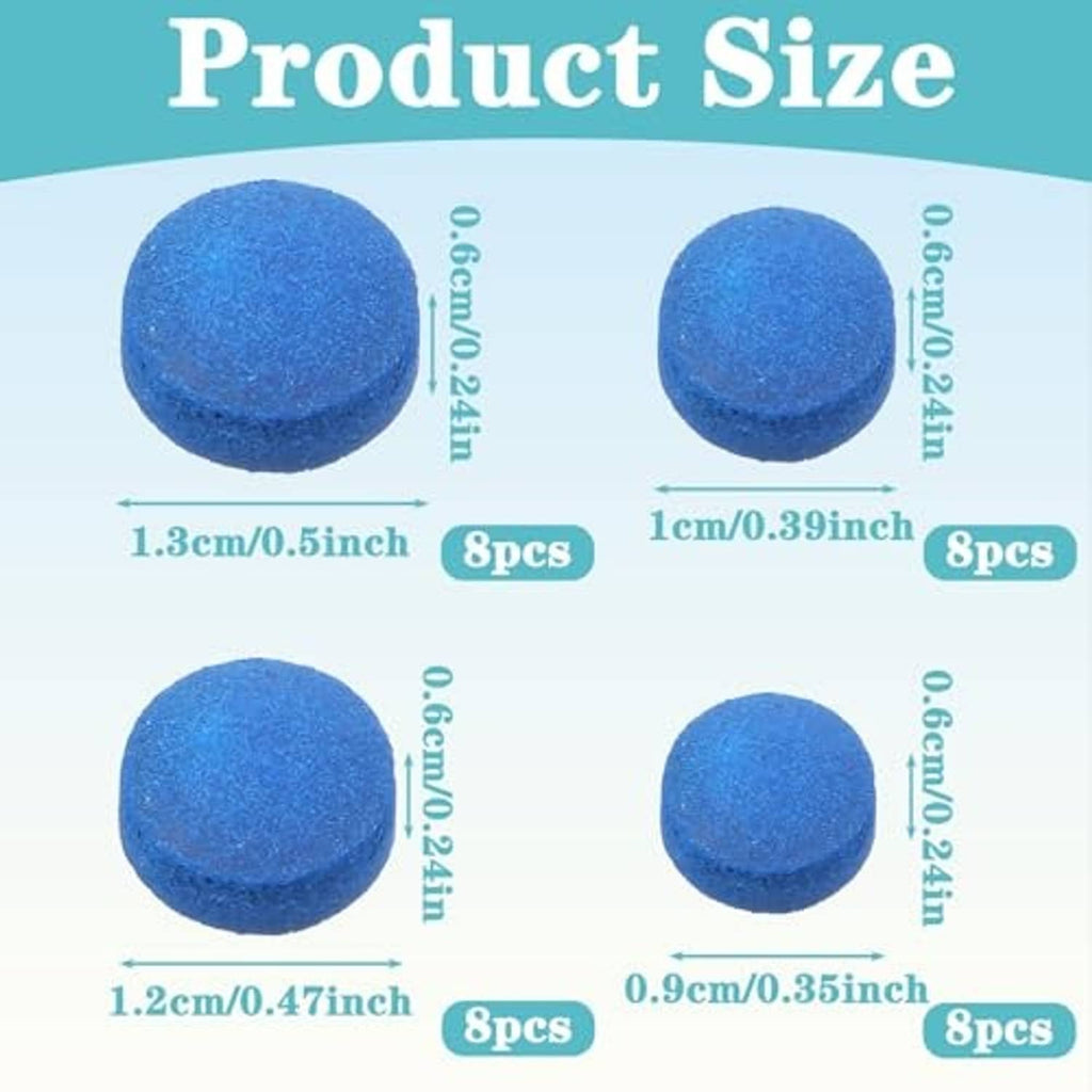 Blue billiard cue tip sizes chart showing multiple replacement tips