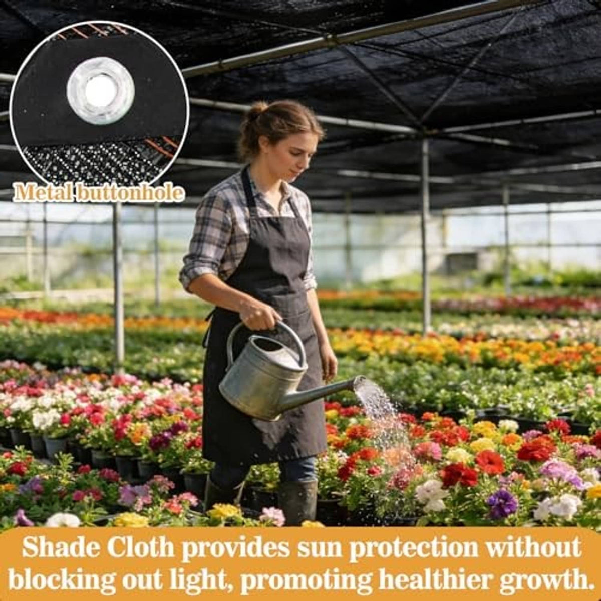 Black shade cloth with reinforced metal buttonhole attachment points