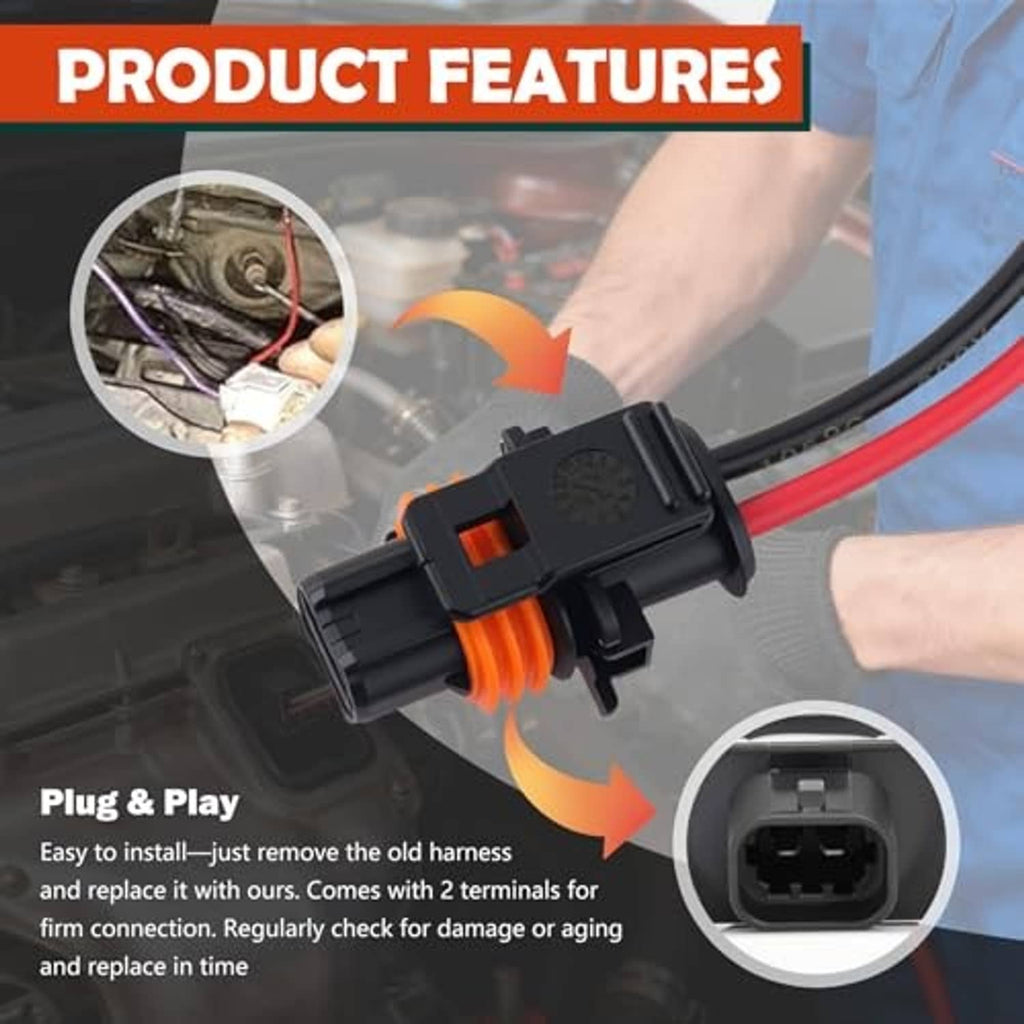 Alternator connector pigtail harness with black plug, red and black wires, orange seal, two terminals