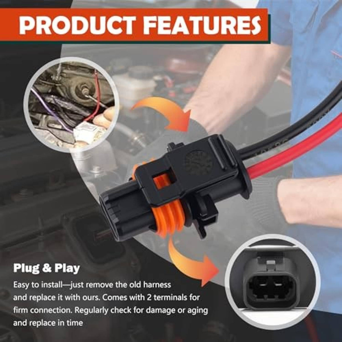 Alternator connector pigtail harness with black plug, red and black wires, orange seal, two terminals
