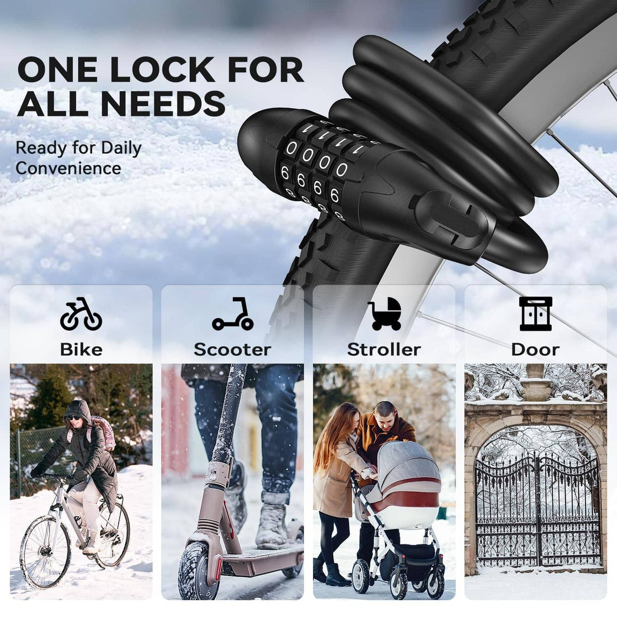 Black coiled bike cable lock with 4-digit combination dials