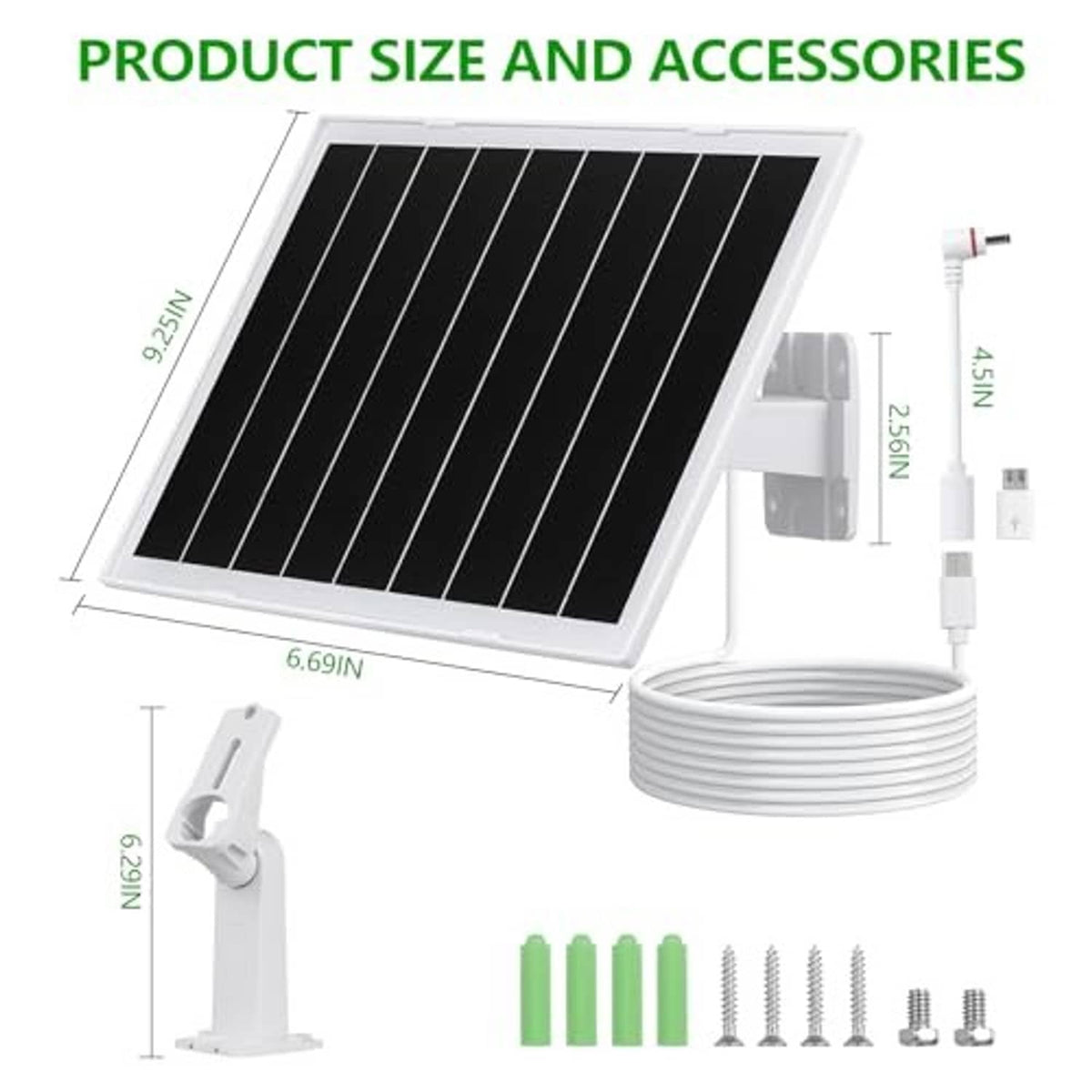 Solar panel with size label, wall bracket, power cable, and mounting screws accessories