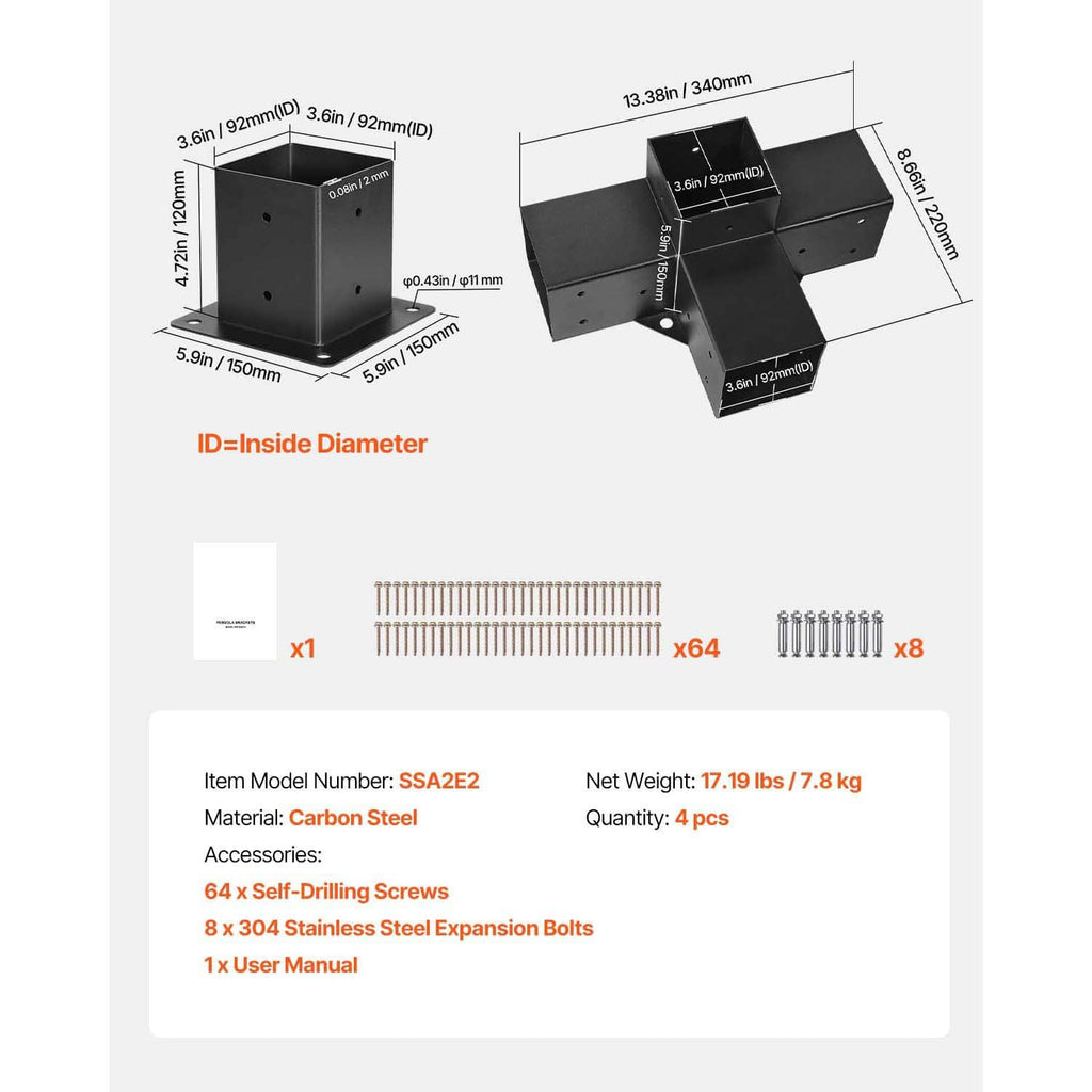 Black four-way corner bracket dimension chart with included screws and bolts