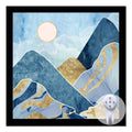 Black 13x13 picture frame with abstract blue and gold landscape artwork