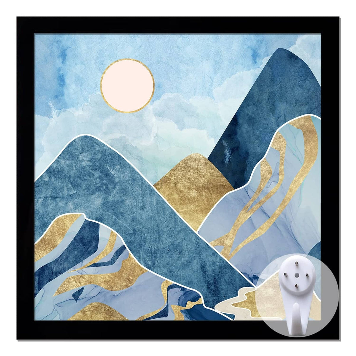 Black 13x13 picture frame with abstract blue and gold landscape artwork