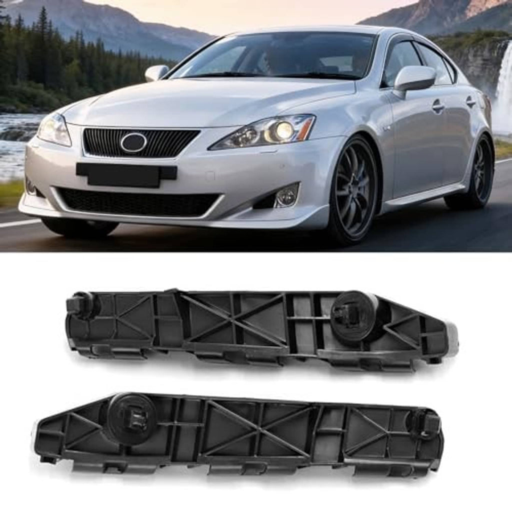 Front bumper bracket set, black plastic with integrated mounting holes and caps