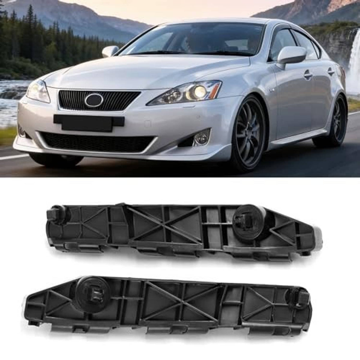 Front bumper bracket set, black plastic with integrated mounting holes and caps