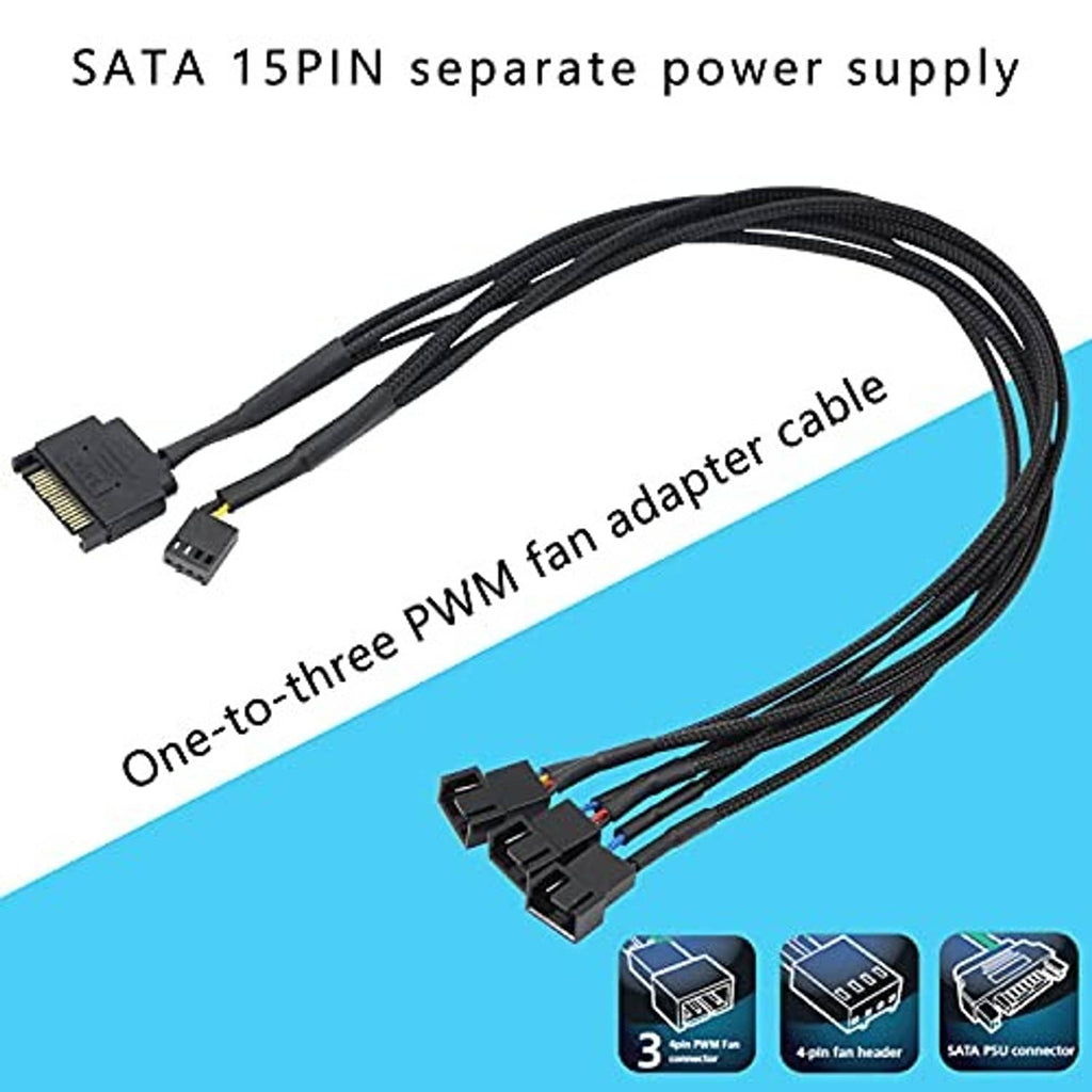 Black one-to-three PWM fan adapter cable with SATA 15-pin power plug
