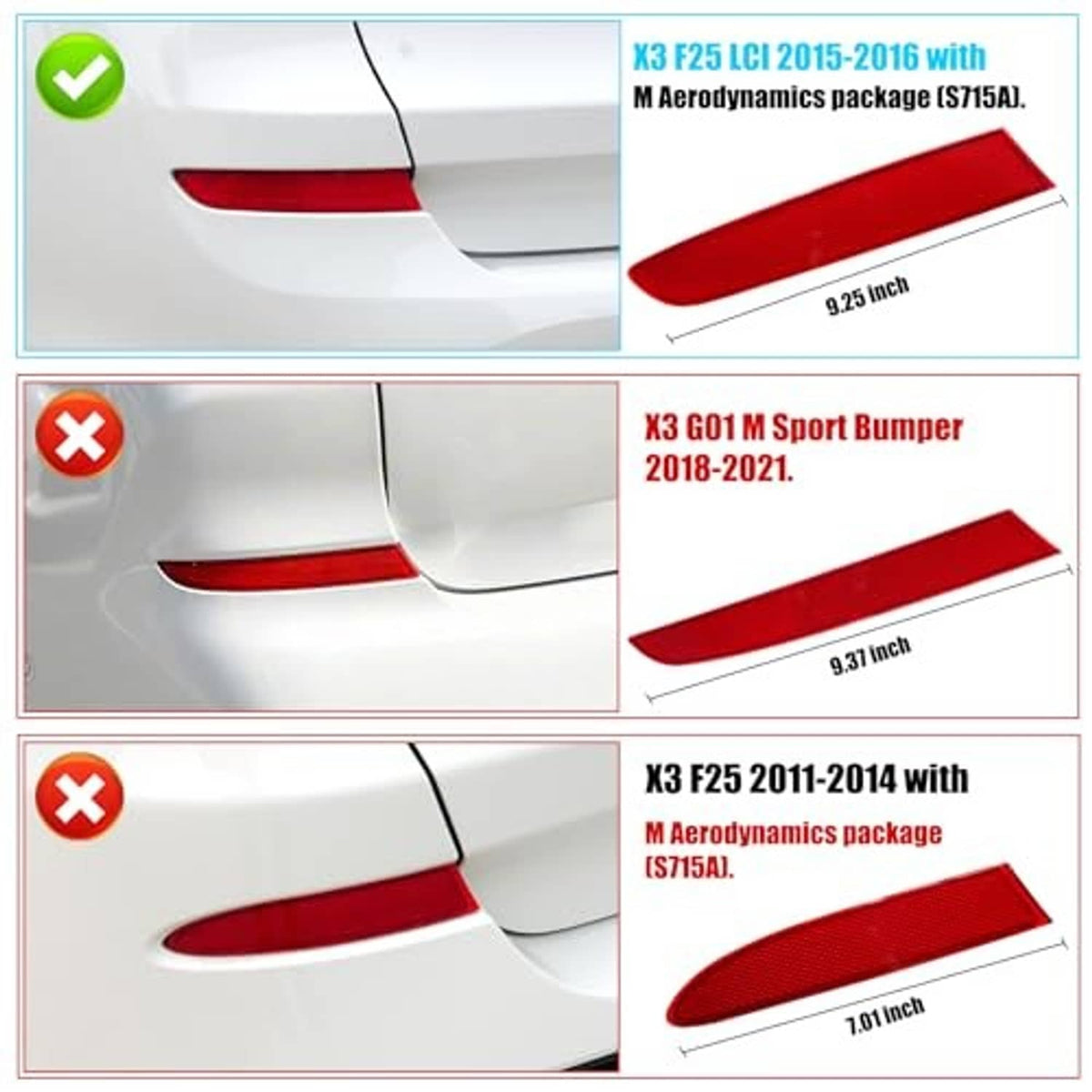 Two red rear bumper reflector lenses shown for fitment comparison.
