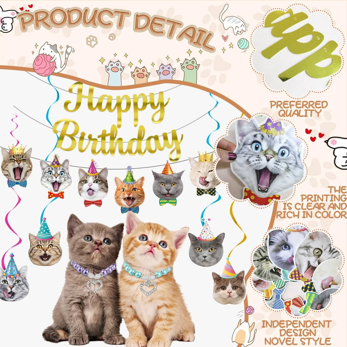 Cat birthday banner with large cat faces in party hats and hanging swirl decorations