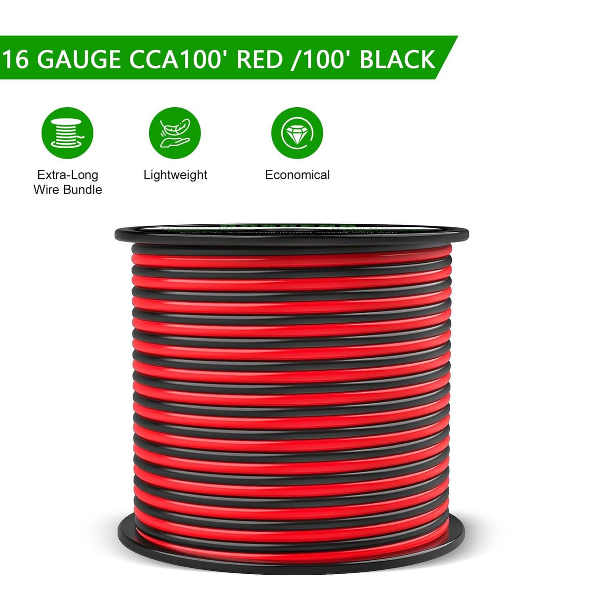 Red and black 16 AWG 2-conductor electrical wire cable coil, PVC insulated