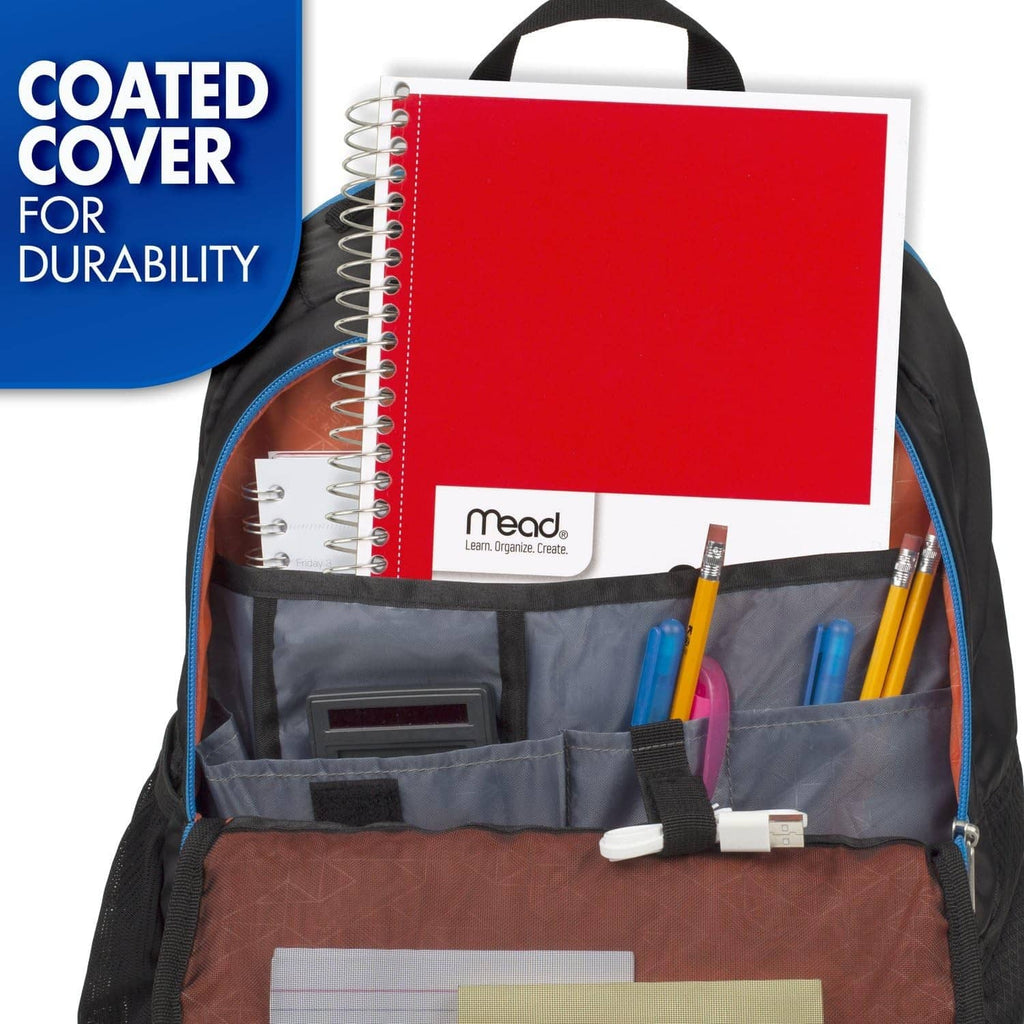 3-subject spiral notebook with coated red cover inside a tool organizer bag