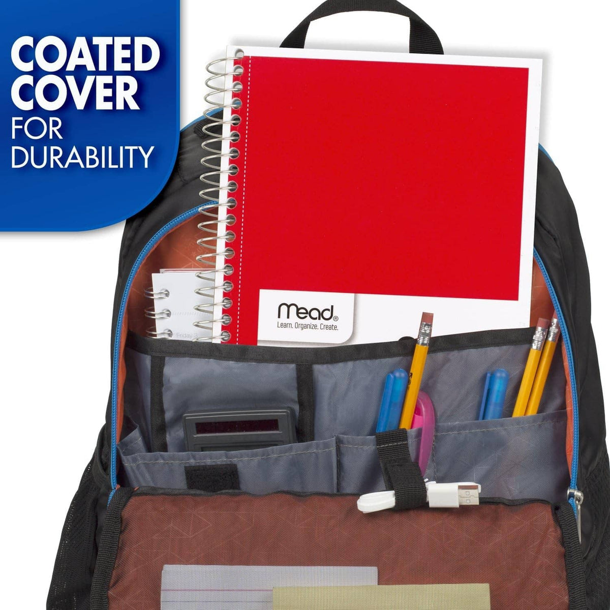 3-subject spiral notebook with coated red cover inside a tool organizer bag
