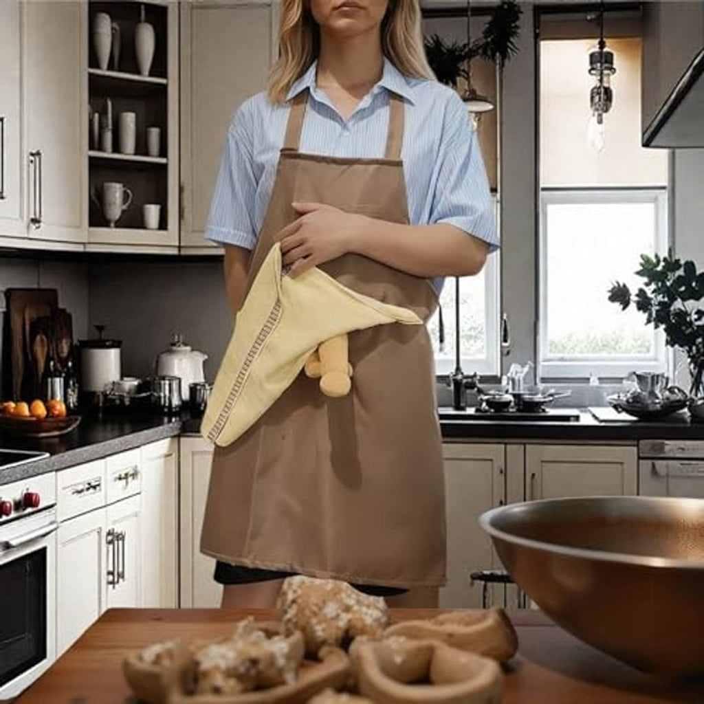 Brown apron with tan lower panel and subtle embroidery, front pocket, adjustable straps