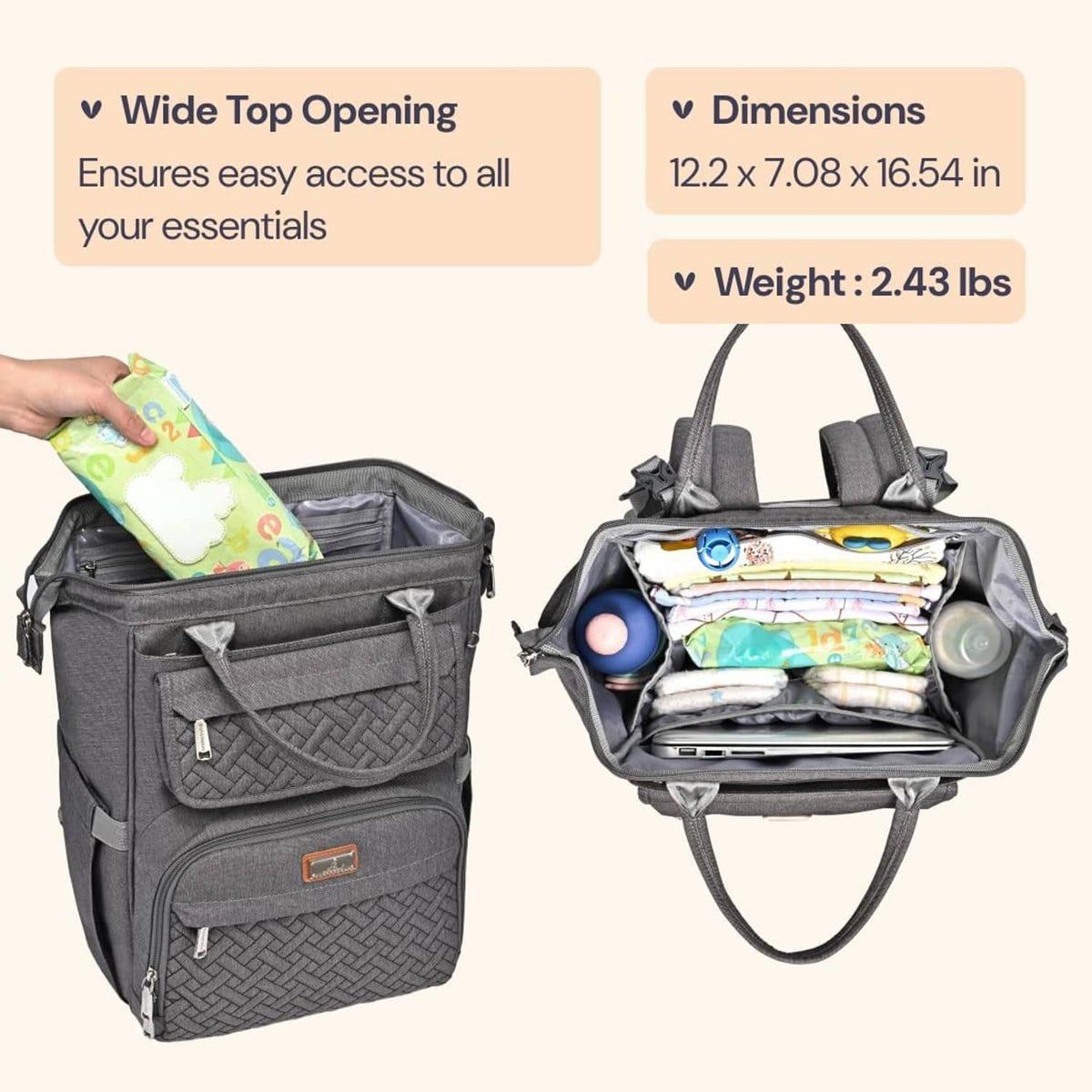 Dark gray diaper bag backpack with wide top opening and interior organizer pockets