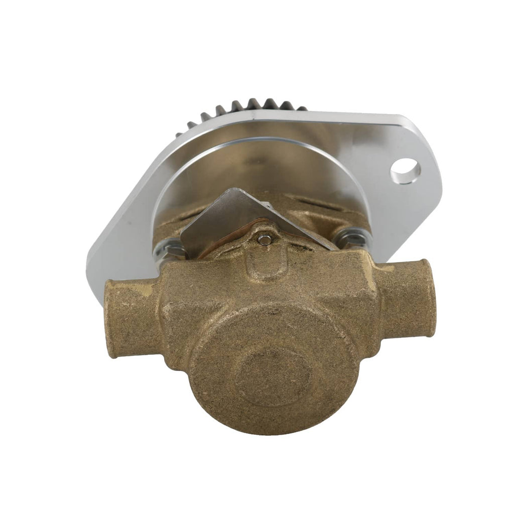 Raw water pump with brass housing and silver mounting bracket, side view