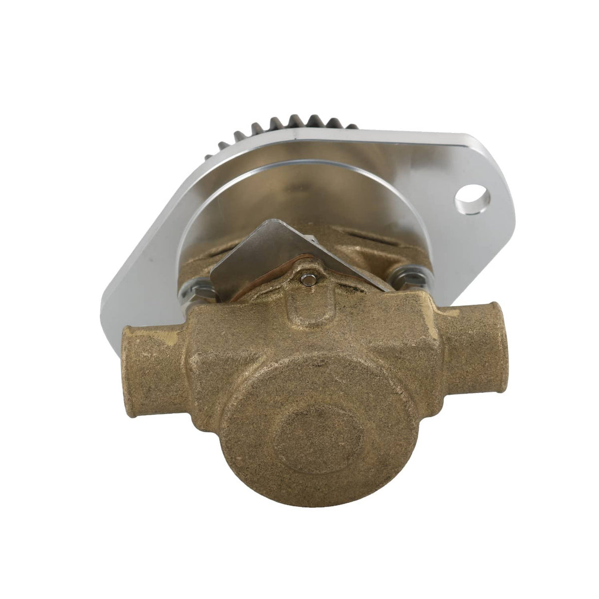 Raw water pump with brass housing and silver mounting bracket, side view