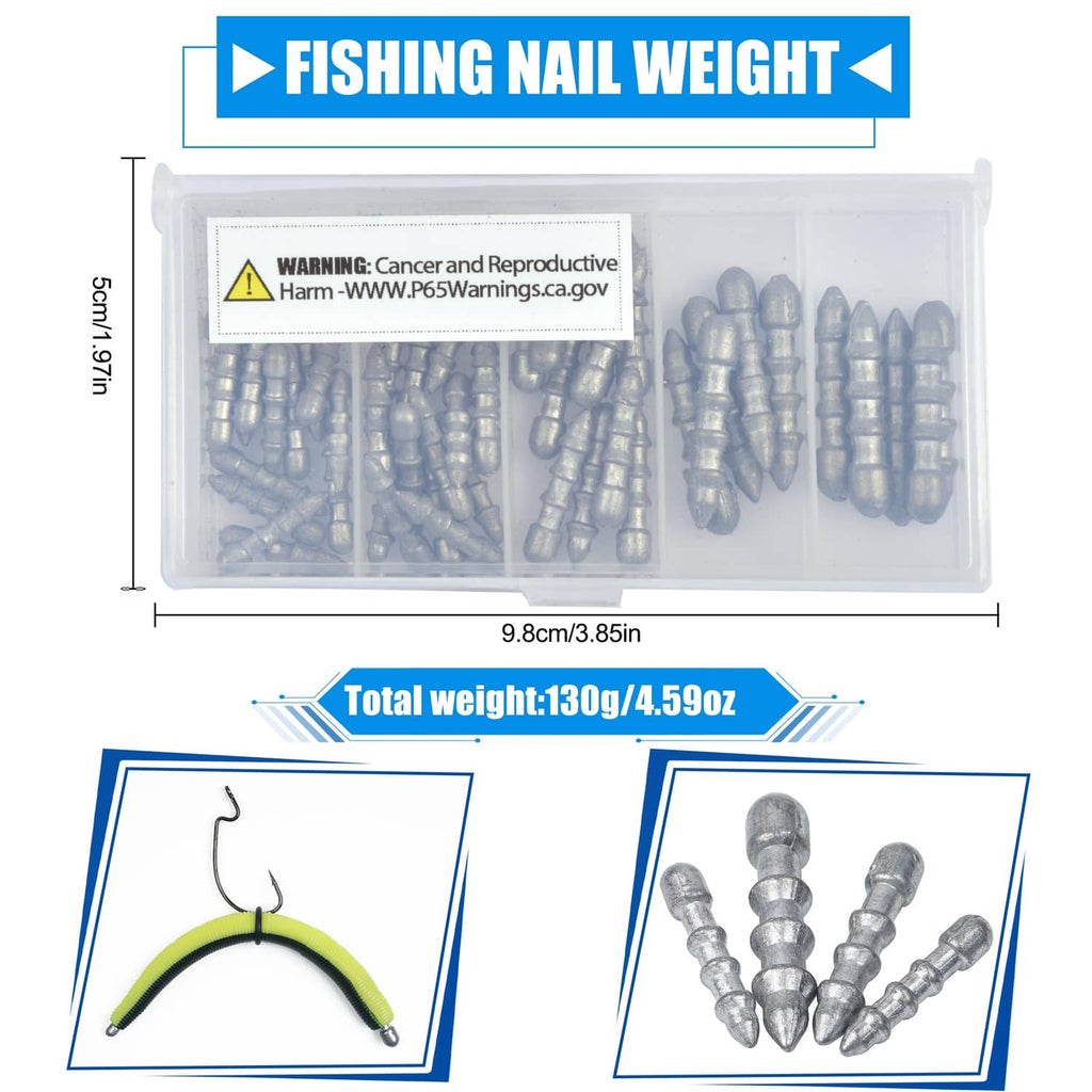 Grey fishing nail weights in a clear storage box, assorted pointed insert sinkers.
