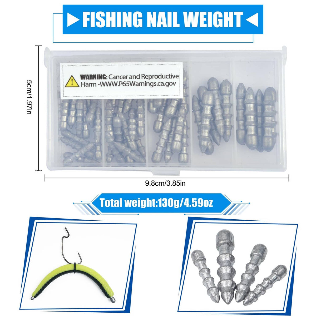Grey fishing nail weights in a clear storage box, assorted pointed insert sinkers.
