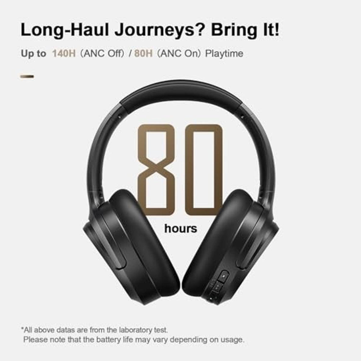 Black over-ear headphones, centered front view with earcup controls and hinges