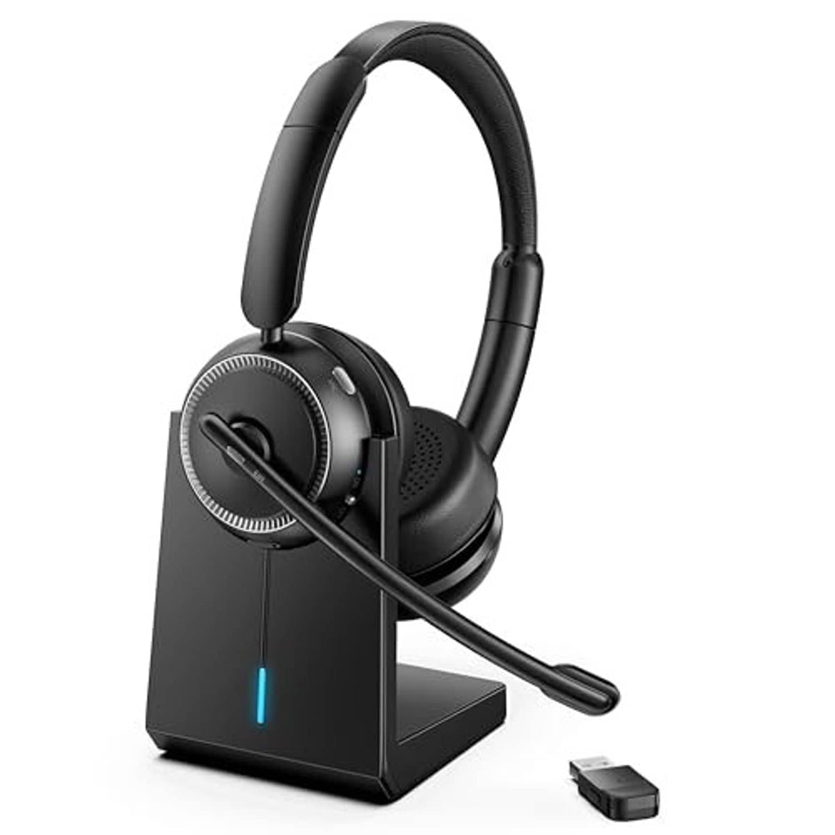 Black wireless over-ear headset with boom mic and USB dongle