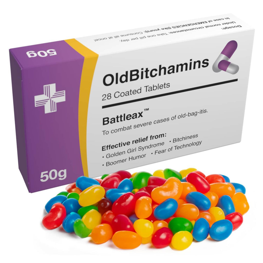 OldBitchamins prank pill box with colorful jelly beans, purple and white 50g pack