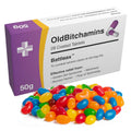 OldBitchamins prank pill box with colorful jelly beans, purple and white 50g pack