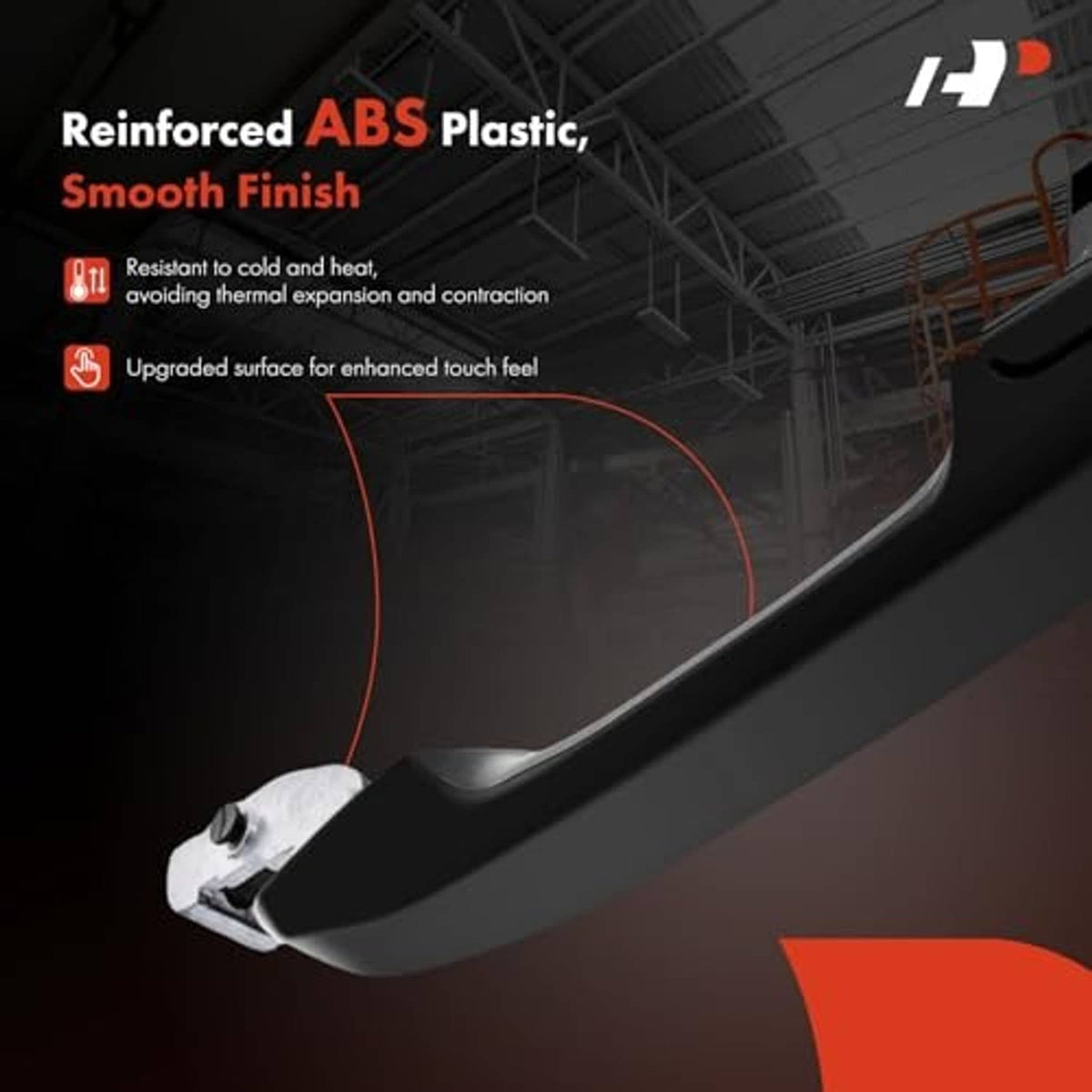 Exterior door handle detail with smooth black finish and silver mounting end