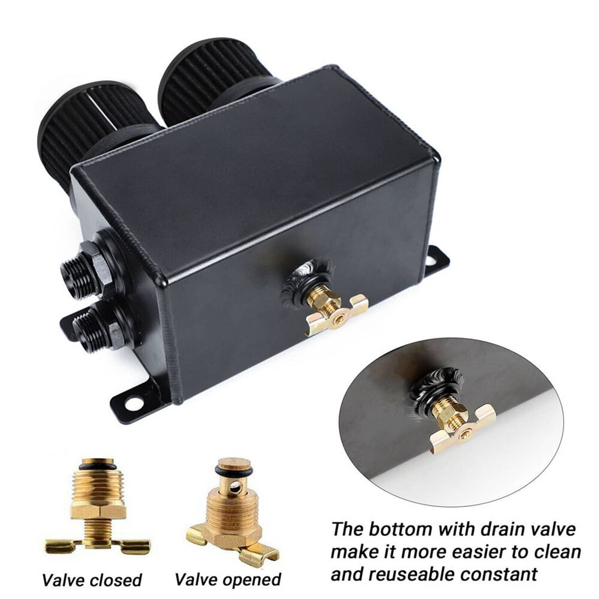 Black oil catch can reservoir with two filter stacks and brass drain valve fitting detail