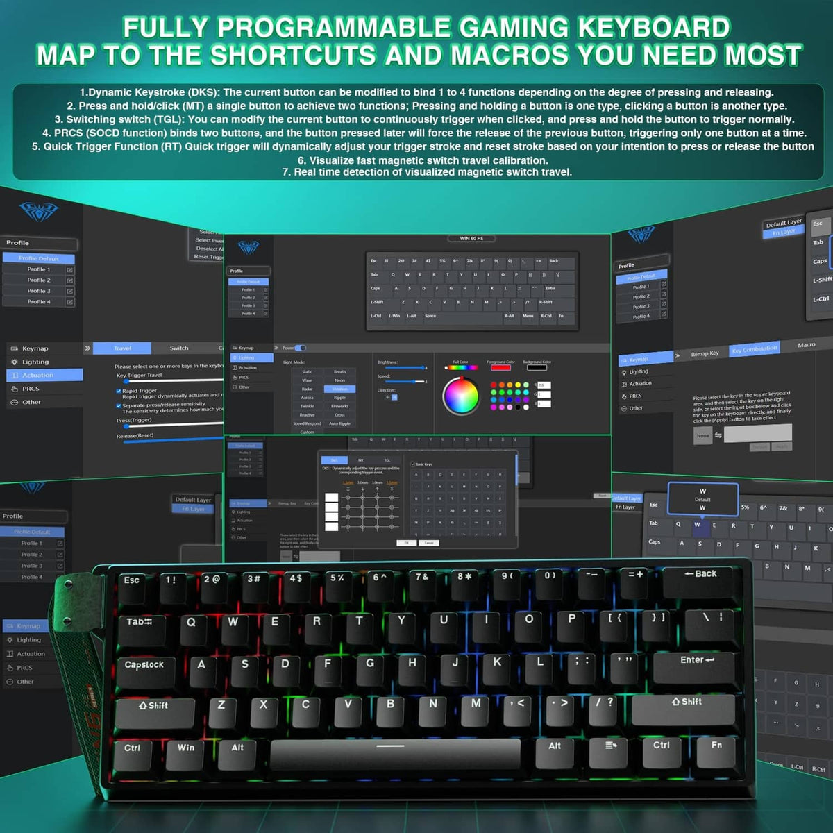 Black gaming keyboard with programmable macro shortcuts shown on PC software screen