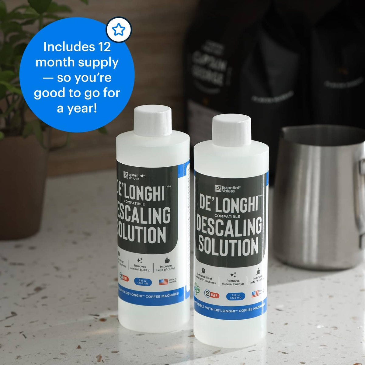 Two white descaling solution bottles with caps on a kitchen counter
